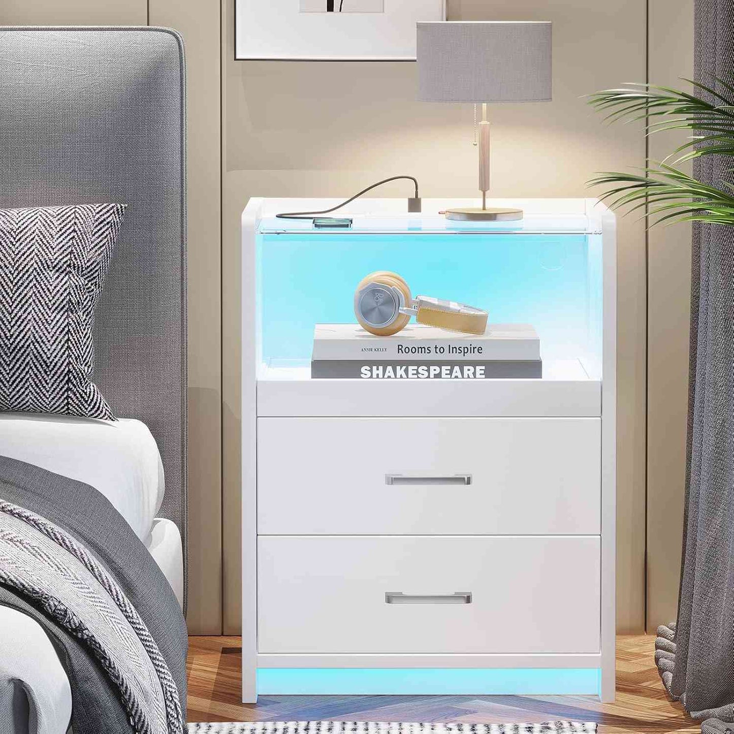 AOGLLATI Nightstand with Charging Station and LED Lights Night Stand with Pull-Out Tray and 2 Drawers Bedside Table