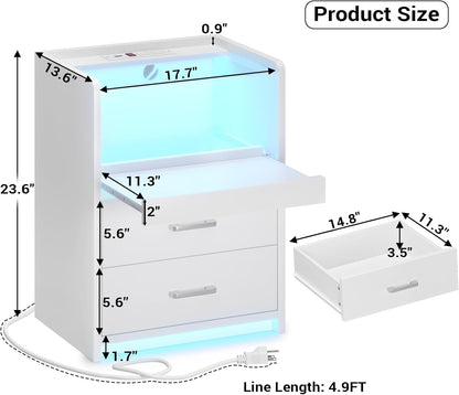 AOGLLATI Nightstand with Charging Station and LED Lights Night Stand with Pull-Out Tray and 2 Drawers Bedside Table