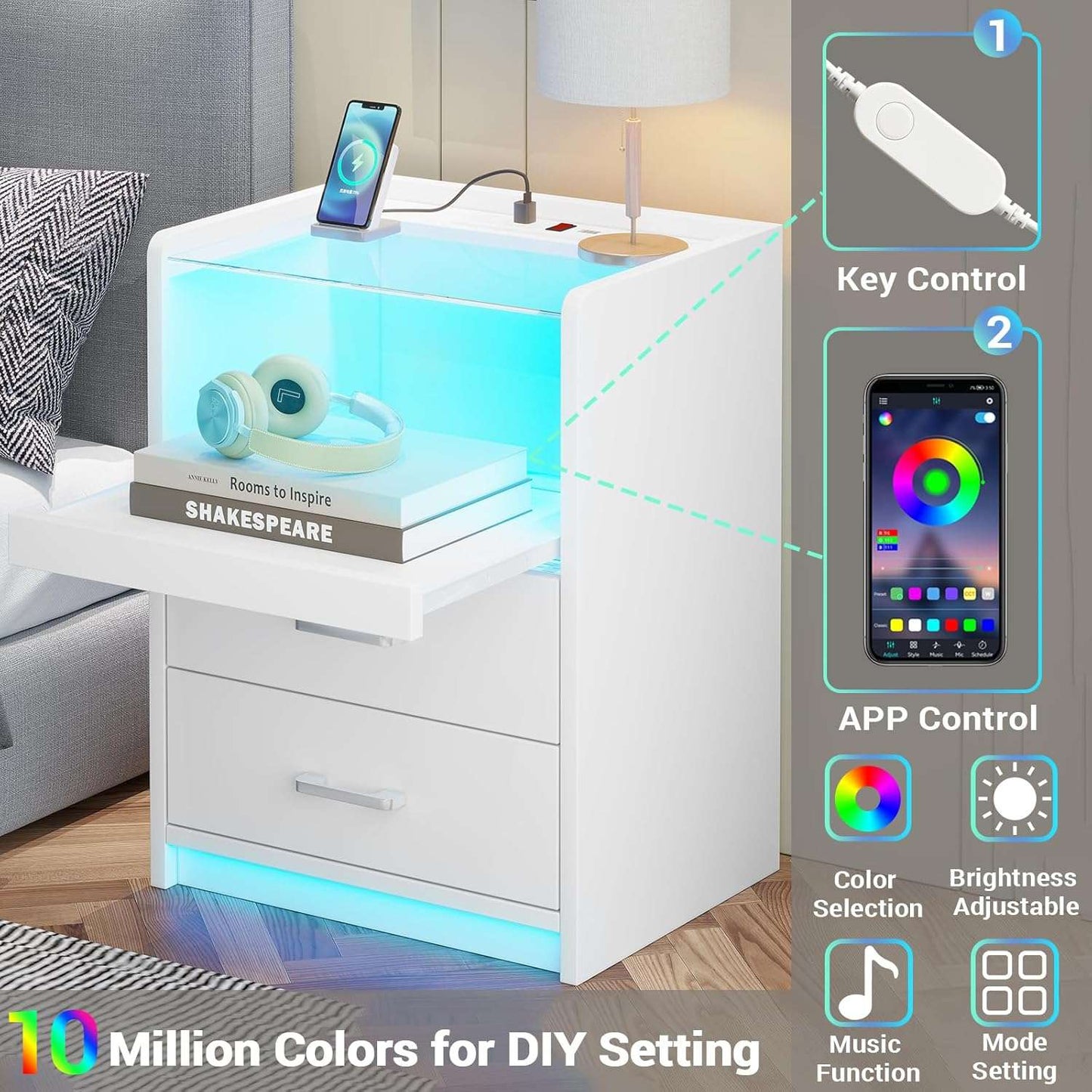 AOGLLATI Nightstand with Charging Station and LED Lights Night Stand with Pull-Out Tray and 2 Drawers Bedside Table