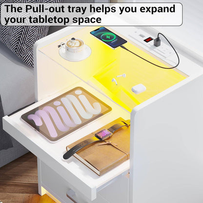 AOGLLATI Nightstand with Charging Station and LED Lights Night Stand with Pull-Out Tray and 2 Drawers Bedside Table