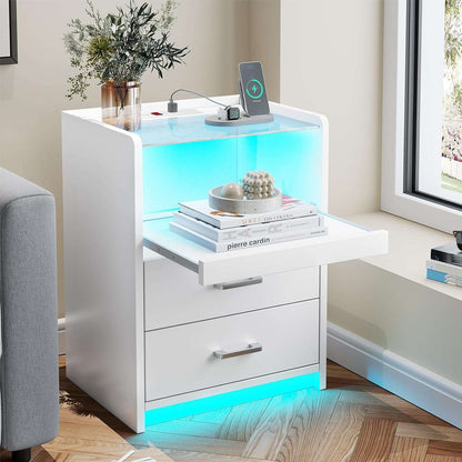 AOGLLATI Nightstand with Charging Station and LED Lights Night Stand with Pull-Out Tray and 2 Drawers Bedside Table