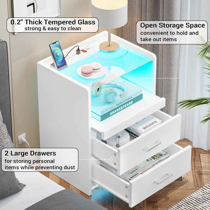 AOGLLATI Nightstand with Charging Station and LED Lights Night Stand with Pull-Out Tray and 2 Drawers Bedside Table