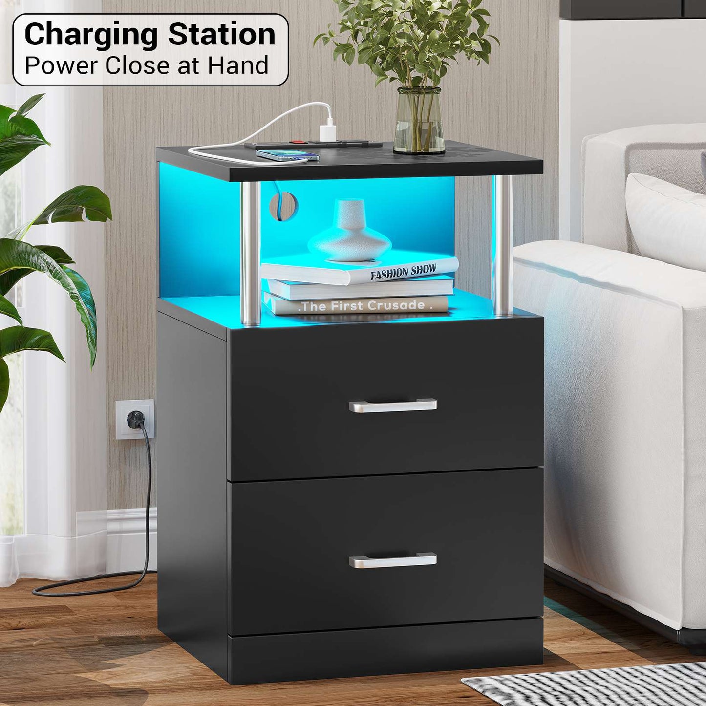 AOGLLATI Nightstand with Charging Station and LED Lights Night Stand with Open Storage and 2 Drawers