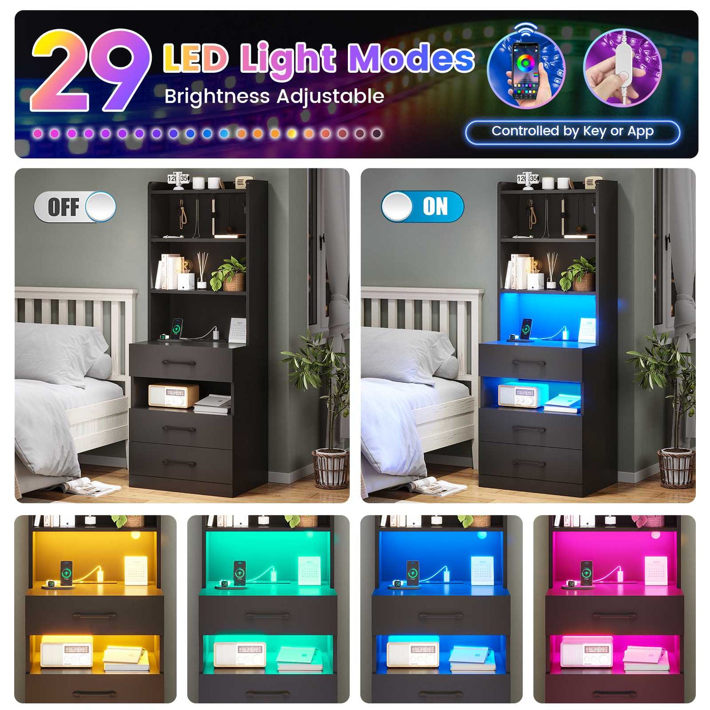 AOGLLATI 51.8 Inch Tall Nightstand with Charging Station and LED Lights Night Stand with 3 Drawers and Storage Shelves