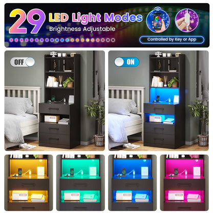 AOGLLATI 51.8 Inch Tall Nightstand with Charging Station and LED Lights Night Stand with 3 Drawers and Storage Shelves