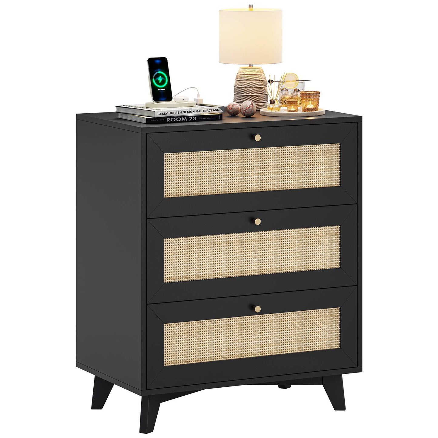 AOGLLATI Rattan Nightstand with Charging Station and 3 Drawers Night Stand with USB Ports and Metal Handle