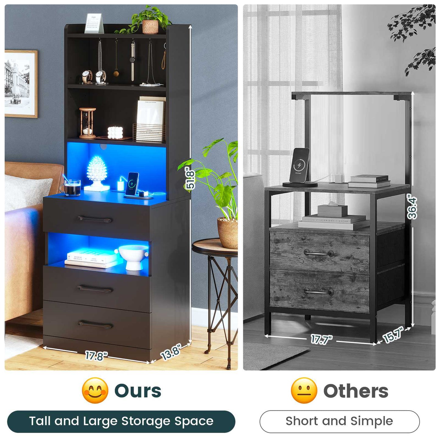 AOGLLATI 51.8 Inch Tall Nightstand with Charging Station and LED Lights Night Stand with 3 Drawers and Storage Shelves