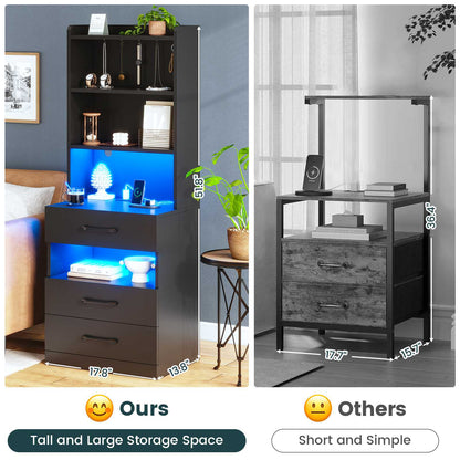AOGLLATI 51.8 Inch Tall Nightstand with Charging Station and LED Lights Night Stand with 3 Drawers and Storage Shelves