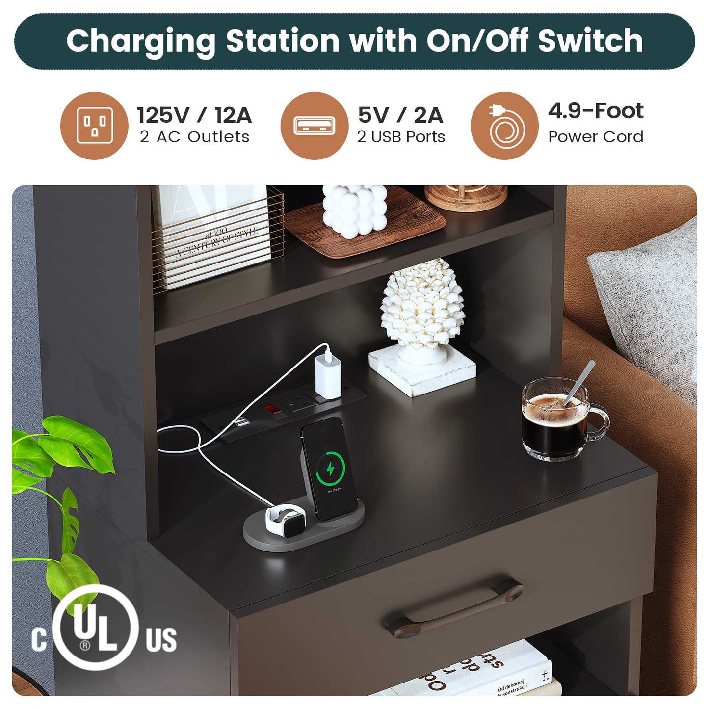 AOGLLATI 51.8 Inch Tall Nightstand with Charging Station and LED Lights Night Stand with 3 Drawers and Storage Shelves