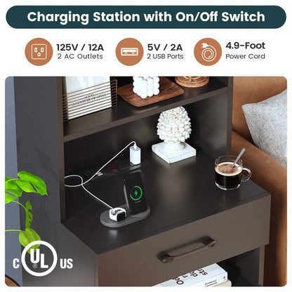AOGLLATI 51.8 Inch Tall Nightstand with Charging Station and LED Lights Night Stand with 3 Drawers and Storage Shelves