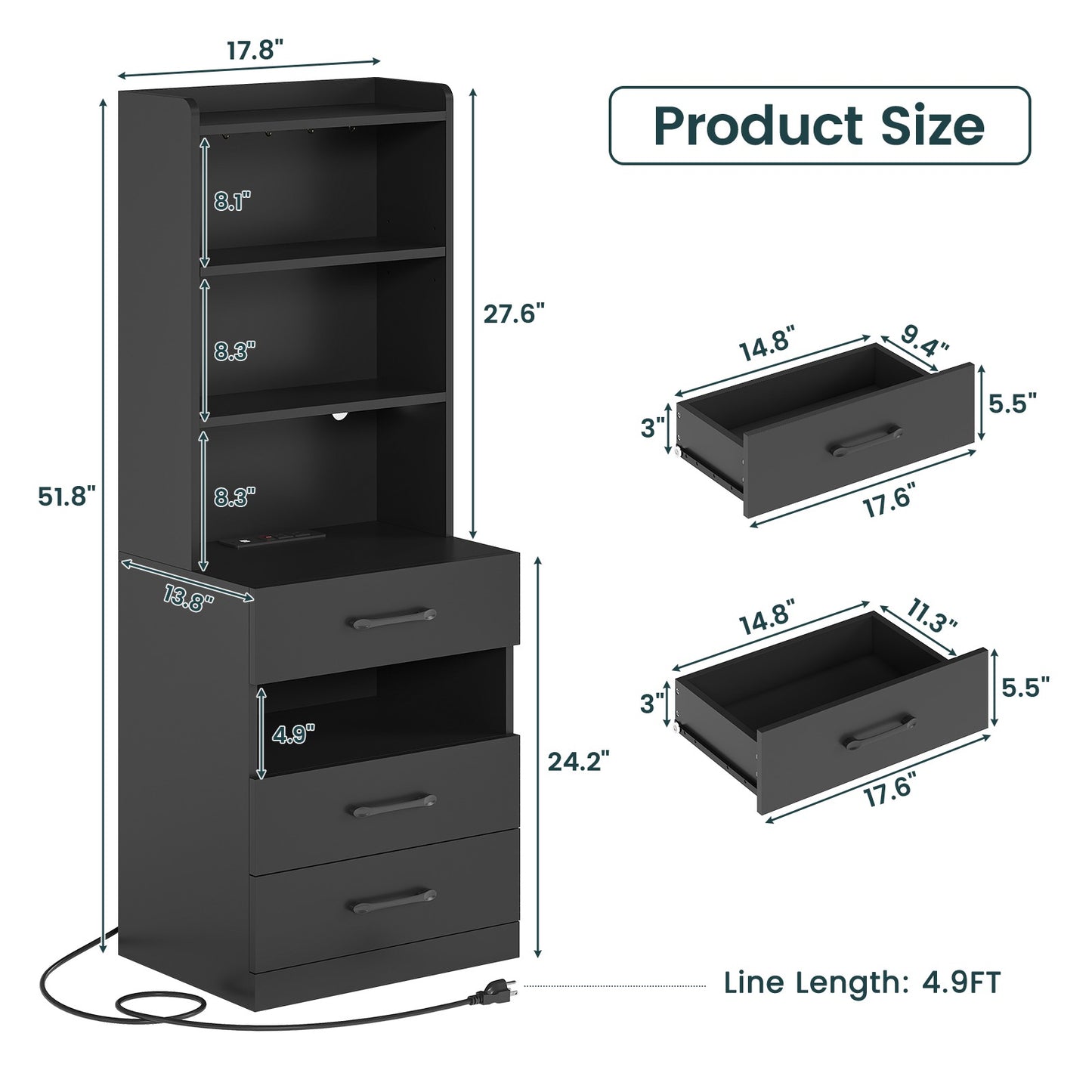 AOGLLATI 51.8 Inch Tall Nightstand with Charging Station and LED Lights Night Stand with 3 Drawers and Storage Shelves