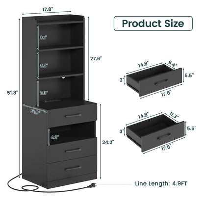 AOGLLATI 51.8 Inch Tall Nightstand with Charging Station and LED Lights Night Stand with 3 Drawers and Storage Shelves