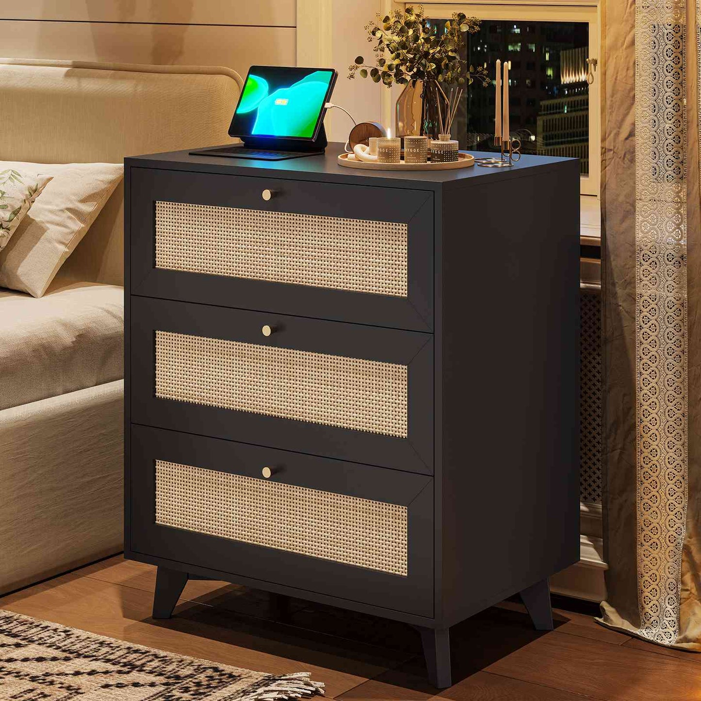 AOGLLATI Rattan Nightstand with Charging Station and 3 Drawers Night Stand with USB Ports and Metal Handle