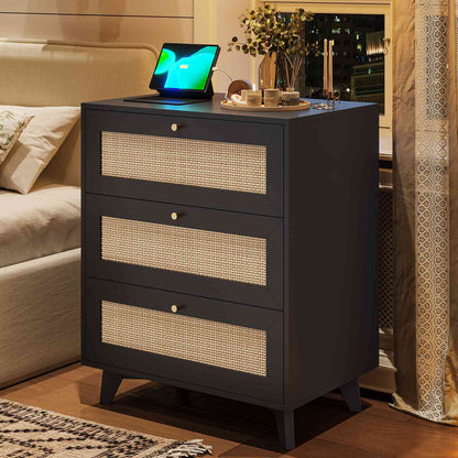 AOGLLATI Rattan Nightstand with Charging Station and 3 Drawers Night Stand with USB Ports and Metal Handle
