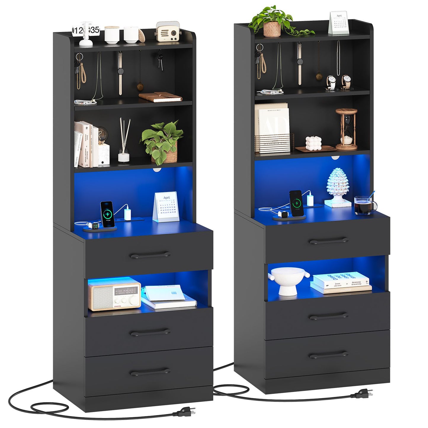 AOGLLATI 51.8 Inch Tall Nightstand with Charging Station and LED Lights Night Stand with 3 Drawers and Storage Shelves