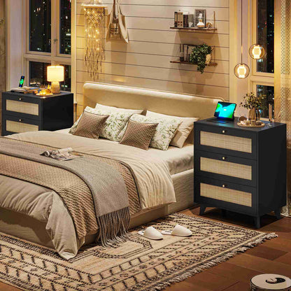 AOGLLATI Rattan Nightstand with Charging Station and 3 Drawers Night Stand with USB Ports and Metal Handle