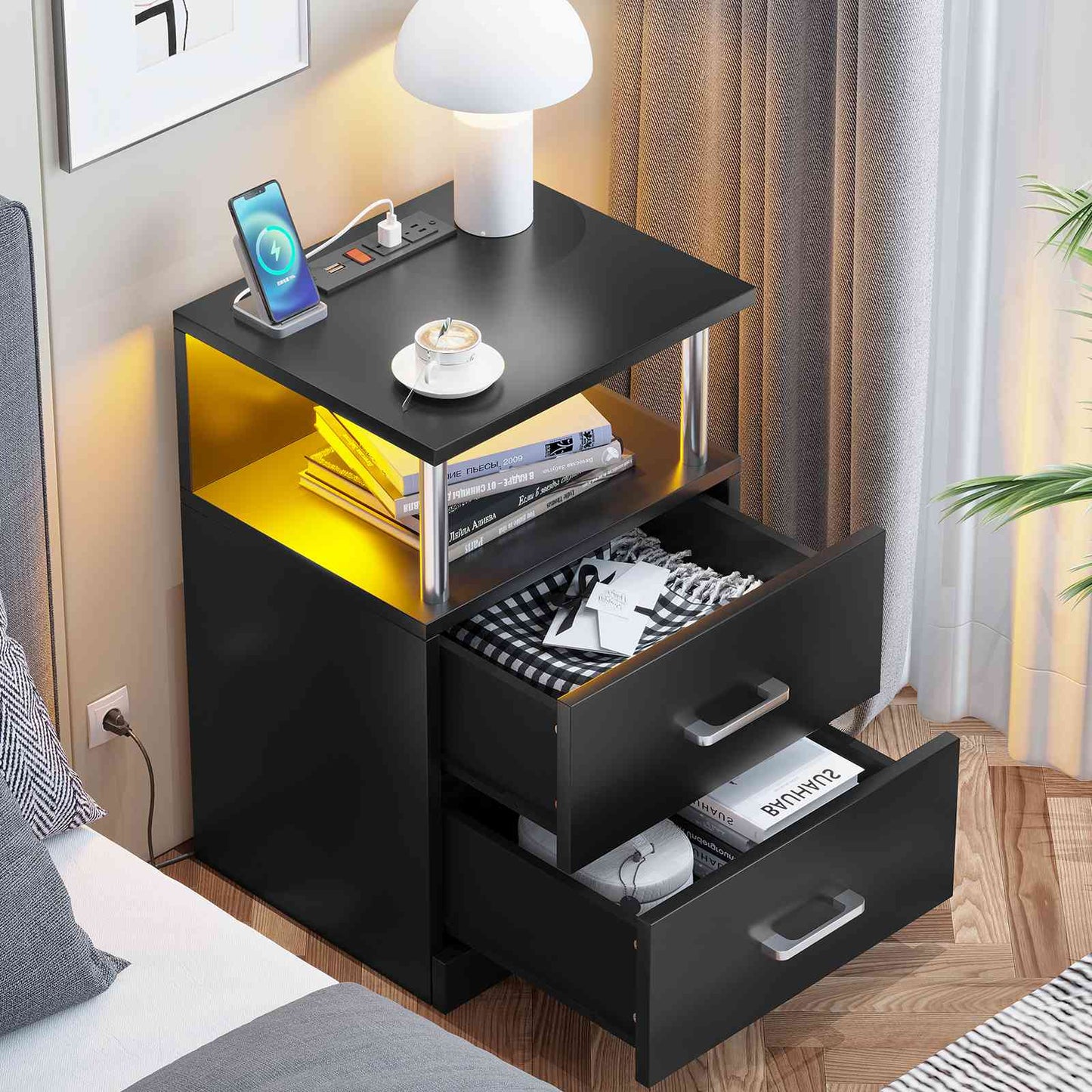 AOGLLATI Nightstand with Charging Station and LED Lights Night Stand with Open Storage and 2 Drawers