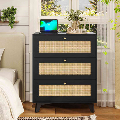 AOGLLATI Rattan Nightstand with Charging Station and 3 Drawers Night Stand with USB Ports and Metal Handle