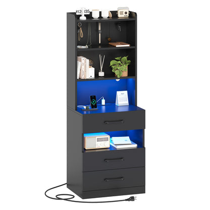 AOGLLATI 51.8 Inch Tall Nightstand with Charging Station and LED Lights Night Stand with 3 Drawers and Storage Shelves