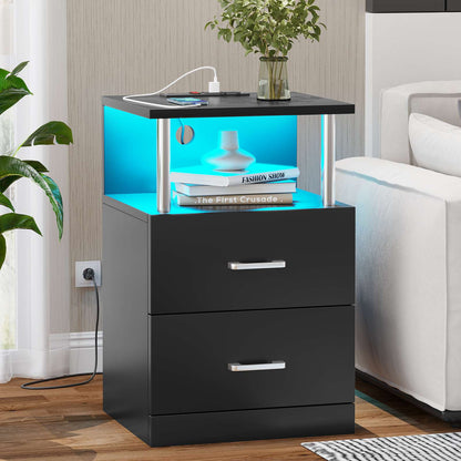 AOGLLATI Nightstand with Charging Station and LED Lights Night Stand with Open Storage and 2 Drawers