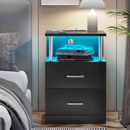 AOGLLATI Nightstand with Charging Station and LED Lights Night Stand with Open Storage and 2 Drawers