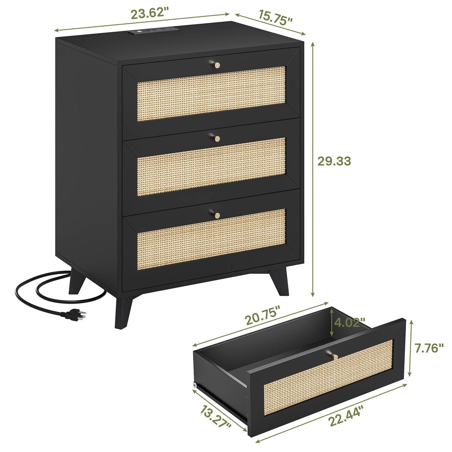 AOGLLATI Rattan Nightstand with Charging Station and 3 Drawers Night Stand with USB Ports and Metal Handle