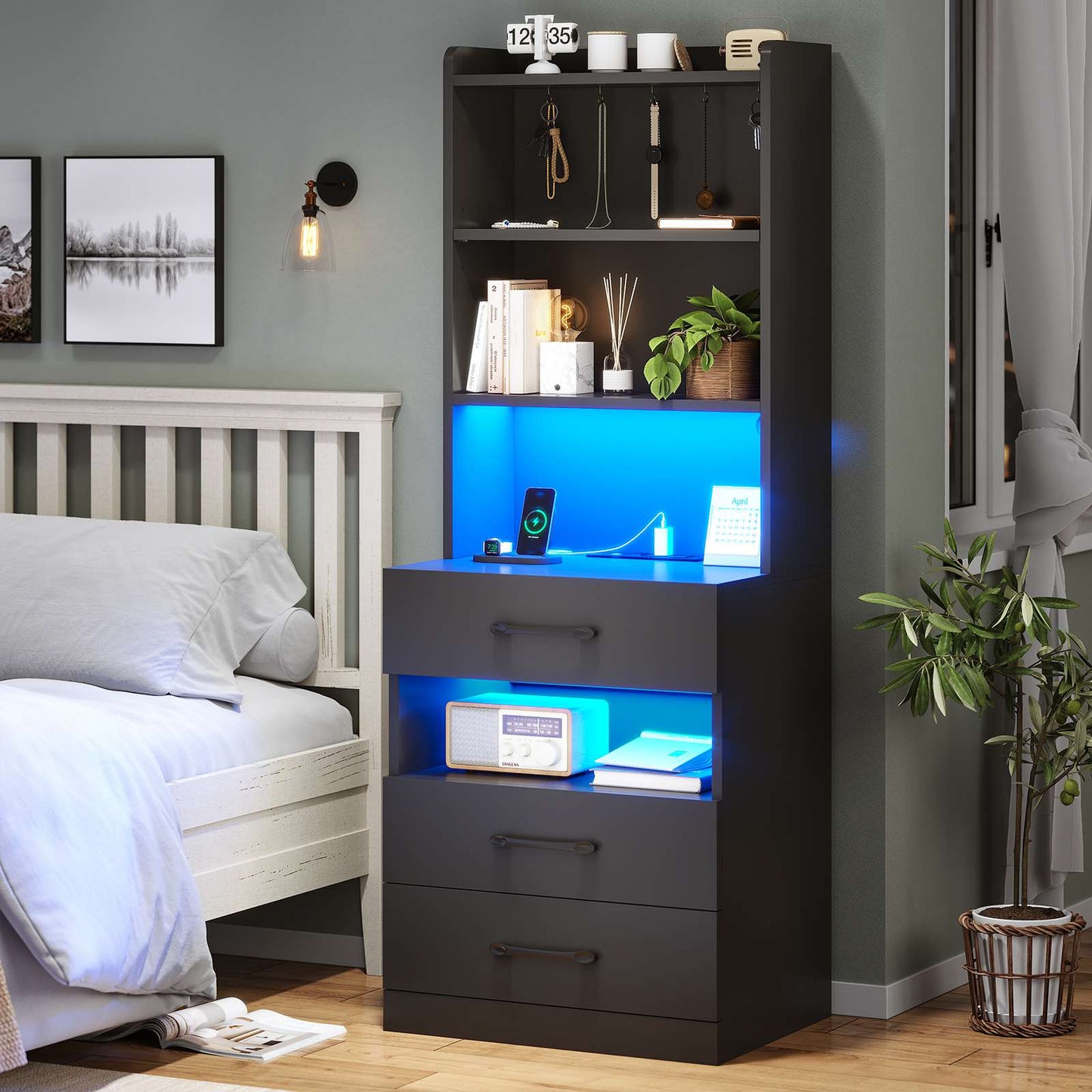 AOGLLATI 51.8 Inch Tall Nightstand with Charging Station and LED Lights Night Stand with 3 Drawers and Storage Shelves