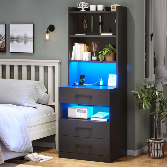 AOGLLATI 51.8 Inch Tall Nightstand with Charging Station and LED Lights Night Stand with 3 Drawers and Storage Shelves