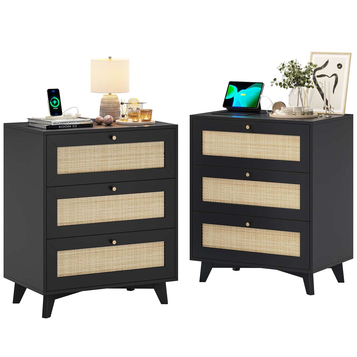 AOGLLATI Rattan Nightstand with Charging Station and 3 Drawers Night Stand with USB Ports and Metal Handle
