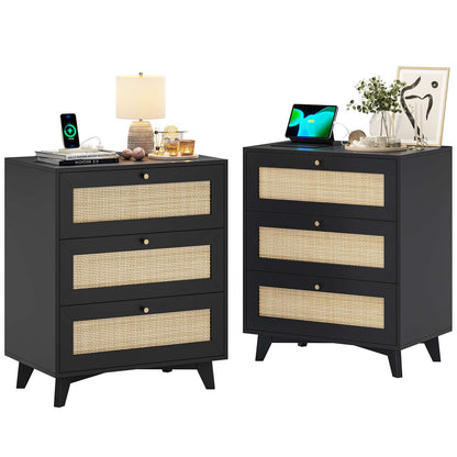 AOGLLATI Rattan Nightstand with Charging Station and 3 Drawers Night Stand with USB Ports and Metal Handle