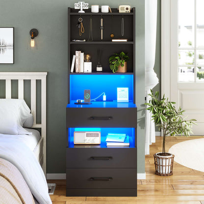 AOGLLATI 51.8 Inch Tall Nightstand with Charging Station and LED Lights Night Stand with 3 Drawers and Storage Shelves