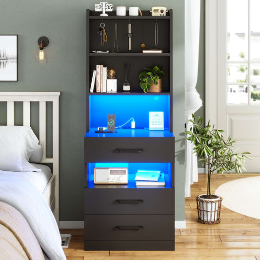 AOGLLATI 51.8 Inch Tall Nightstand with Charging Station and LED Lights Night Stand with 3 Drawers and Storage Shelves