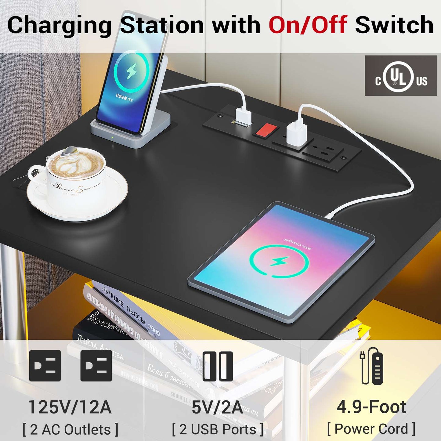 AOGLLATI Nightstand with Charging Station and LED Lights Night Stand with Open Storage and 2 Drawers