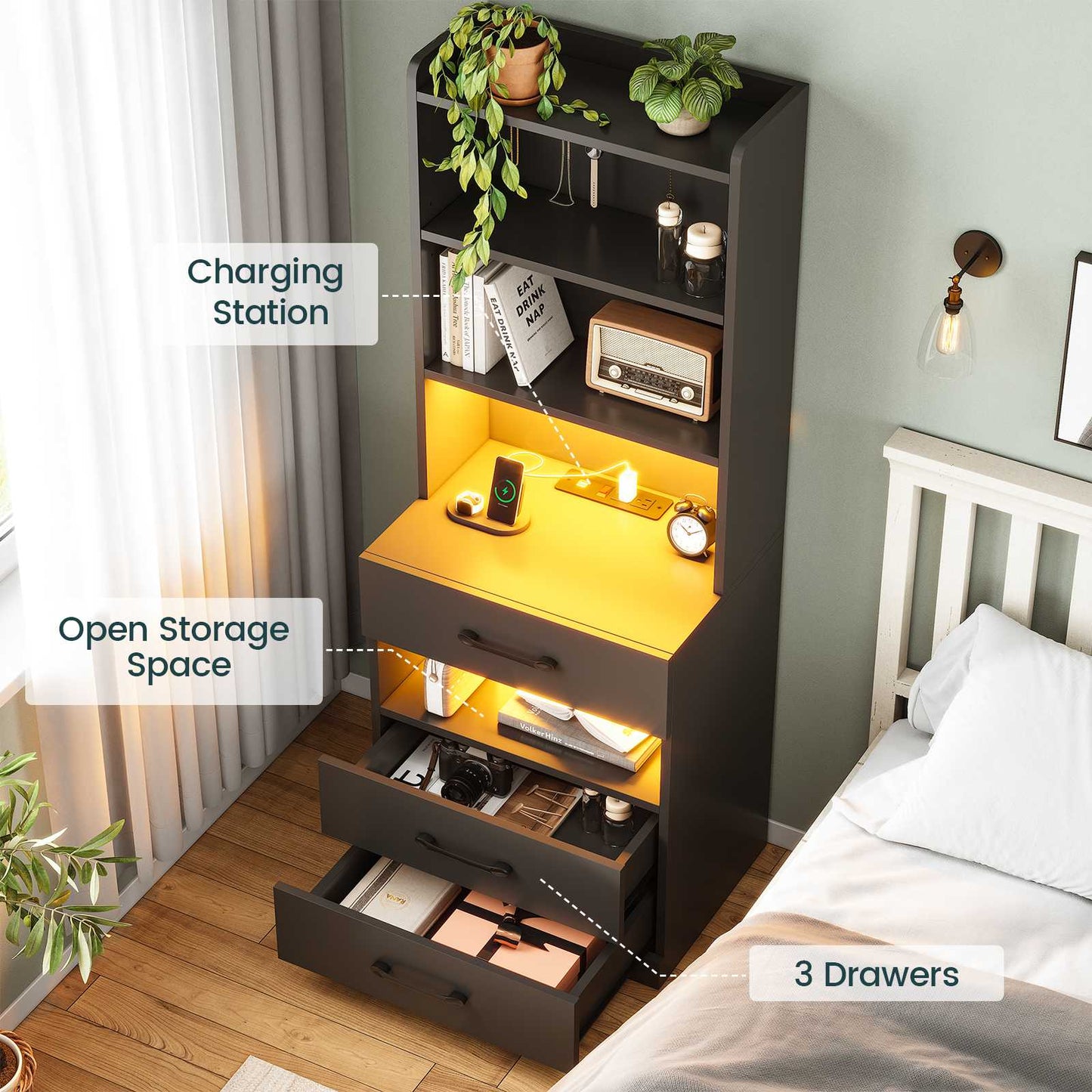 AOGLLATI 51.8 Inch Tall Nightstand with Charging Station and LED Lights Night Stand with 3 Drawers and Storage Shelves
