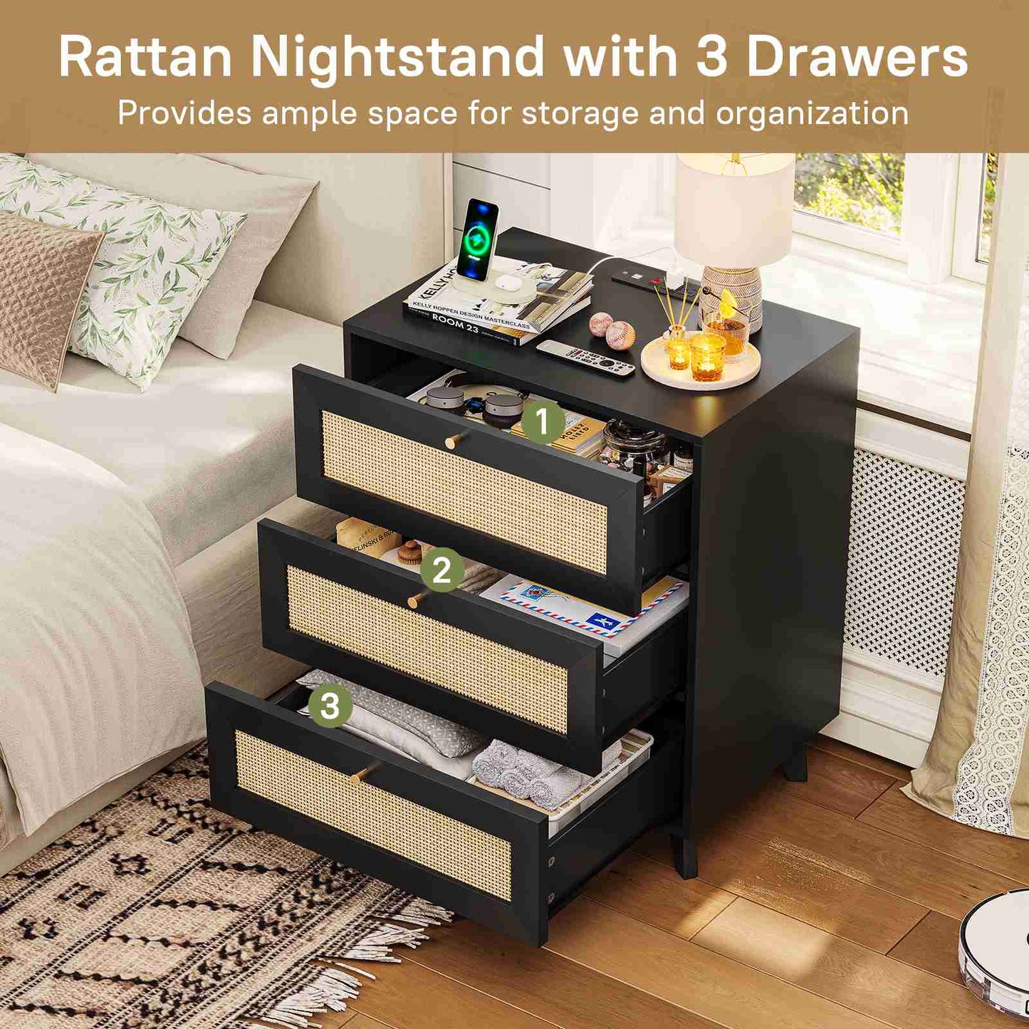 AOGLLATI Rattan Nightstand with Charging Station and 3 Drawers Night Stand with USB Ports and Metal Handle