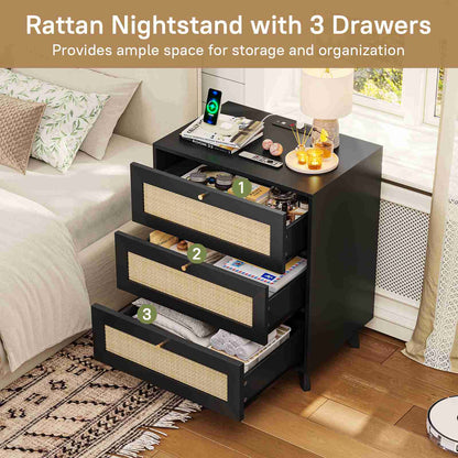 AOGLLATI Rattan Nightstand with Charging Station and 3 Drawers Night Stand with USB Ports and Metal Handle