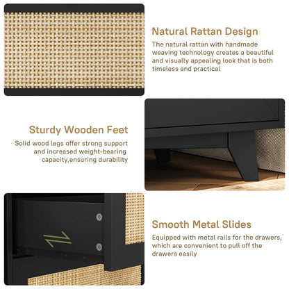 AOGLLATI Rattan Nightstand with Charging Station and 3 Drawers Night Stand with USB Ports and Metal Handle