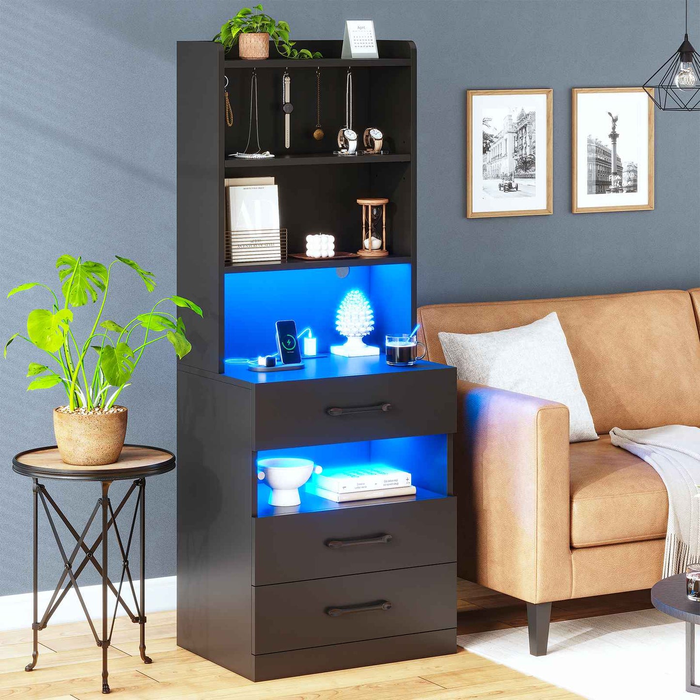 AOGLLATI 51.8 Inch Tall Nightstand with Charging Station and LED Lights Night Stand with 3 Drawers and Storage Shelves