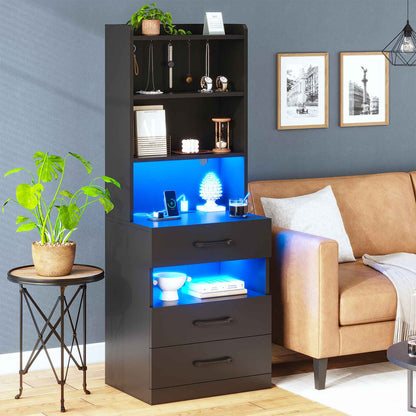 AOGLLATI 51.8 Inch Tall Nightstand with Charging Station and LED Lights Night Stand with 3 Drawers and Storage Shelves