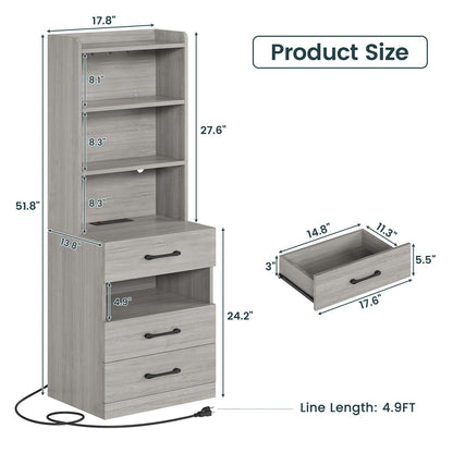AOGLLATI 51.8 Inch Tall Nightstand with Charging Station and LED Lights Night Stand with 3 Drawers and Storage Shelves