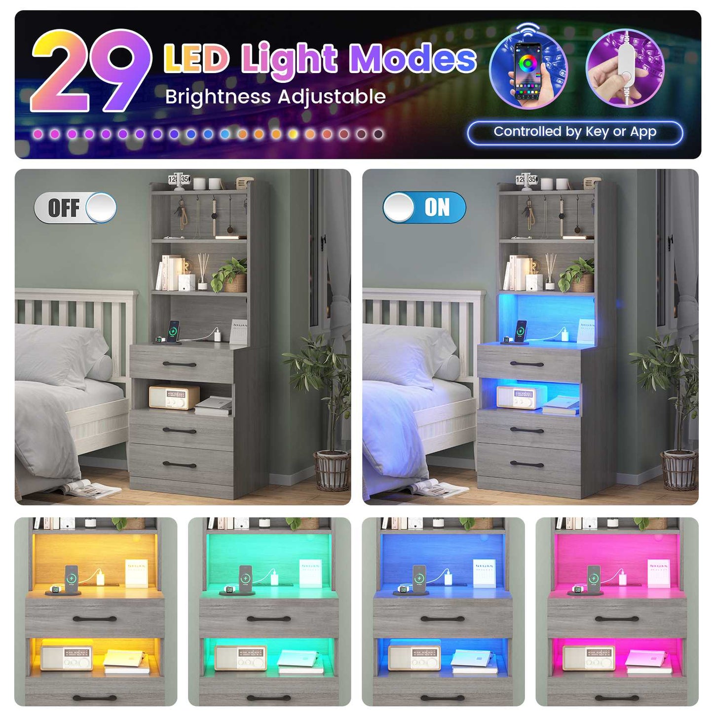 AOGLLATI 51.8 Inch Tall Nightstand with Charging Station and LED Lights Night Stand with 3 Drawers and Storage Shelves