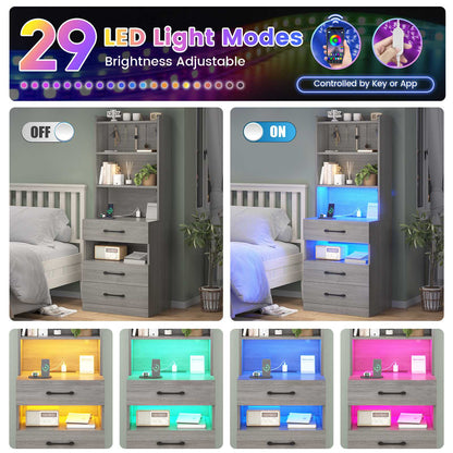 AOGLLATI 51.8 Inch Tall Nightstand with Charging Station and LED Lights Night Stand with 3 Drawers and Storage Shelves