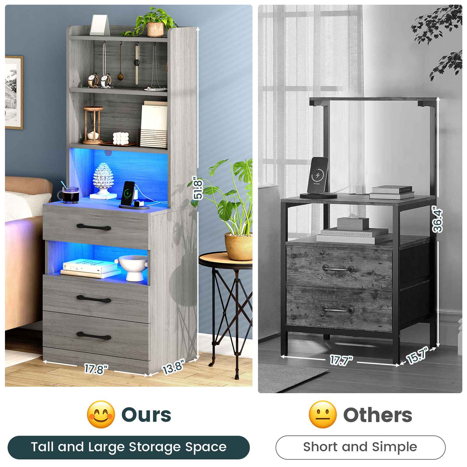 AOGLLATI 51.8 Inch Tall Nightstand with Charging Station and LED Light