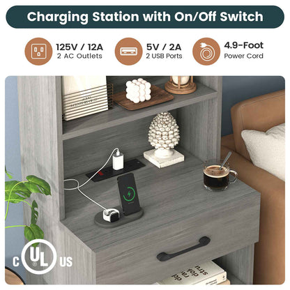AOGLLATI 51.8 Inch Tall Nightstand with Charging Station and LED Lights Night Stand with 3 Drawers and Storage Shelves