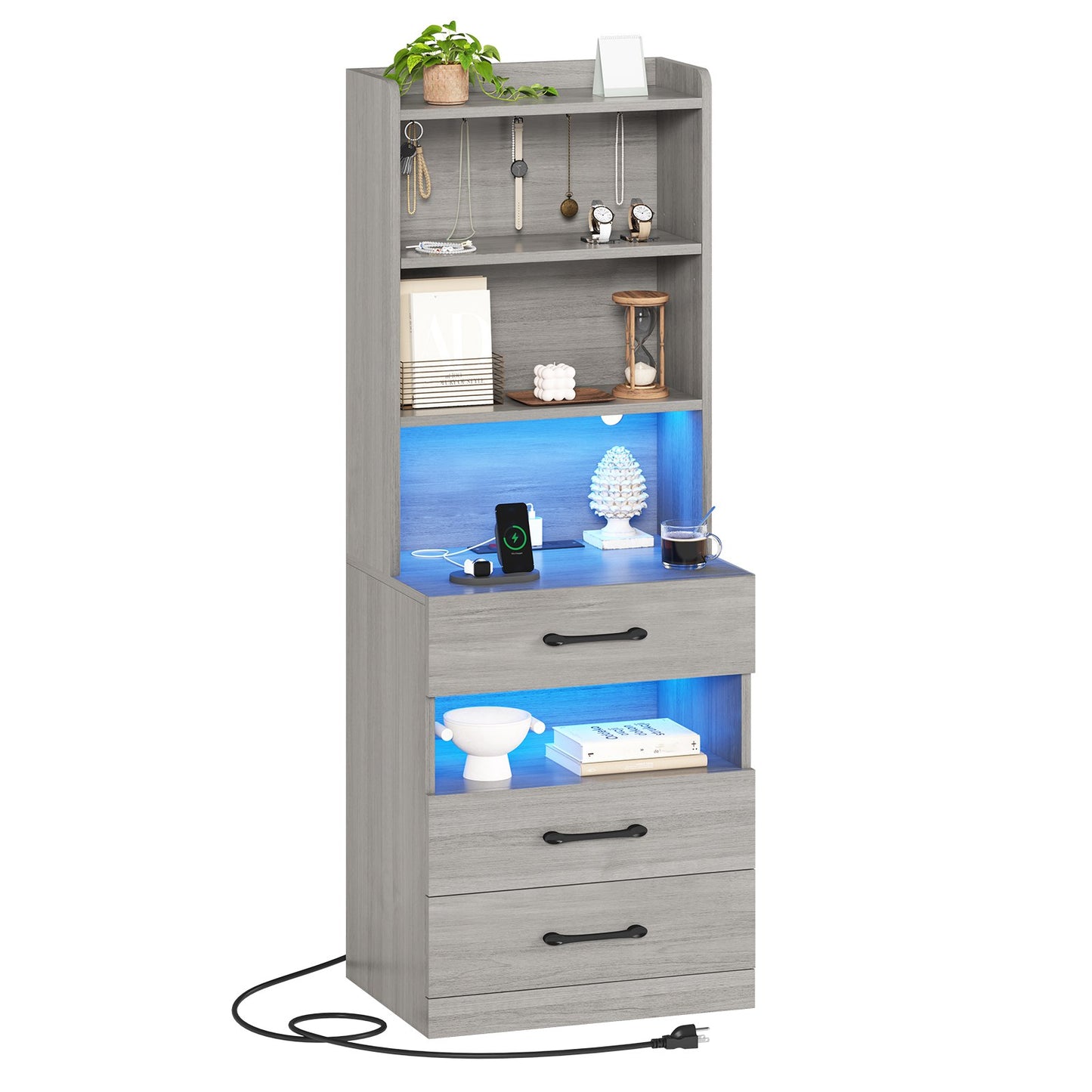 AOGLLATI 51.8 Inch Tall Nightstand with Charging Station and LED Lights Night Stand with 3 Drawers and Storage Shelves