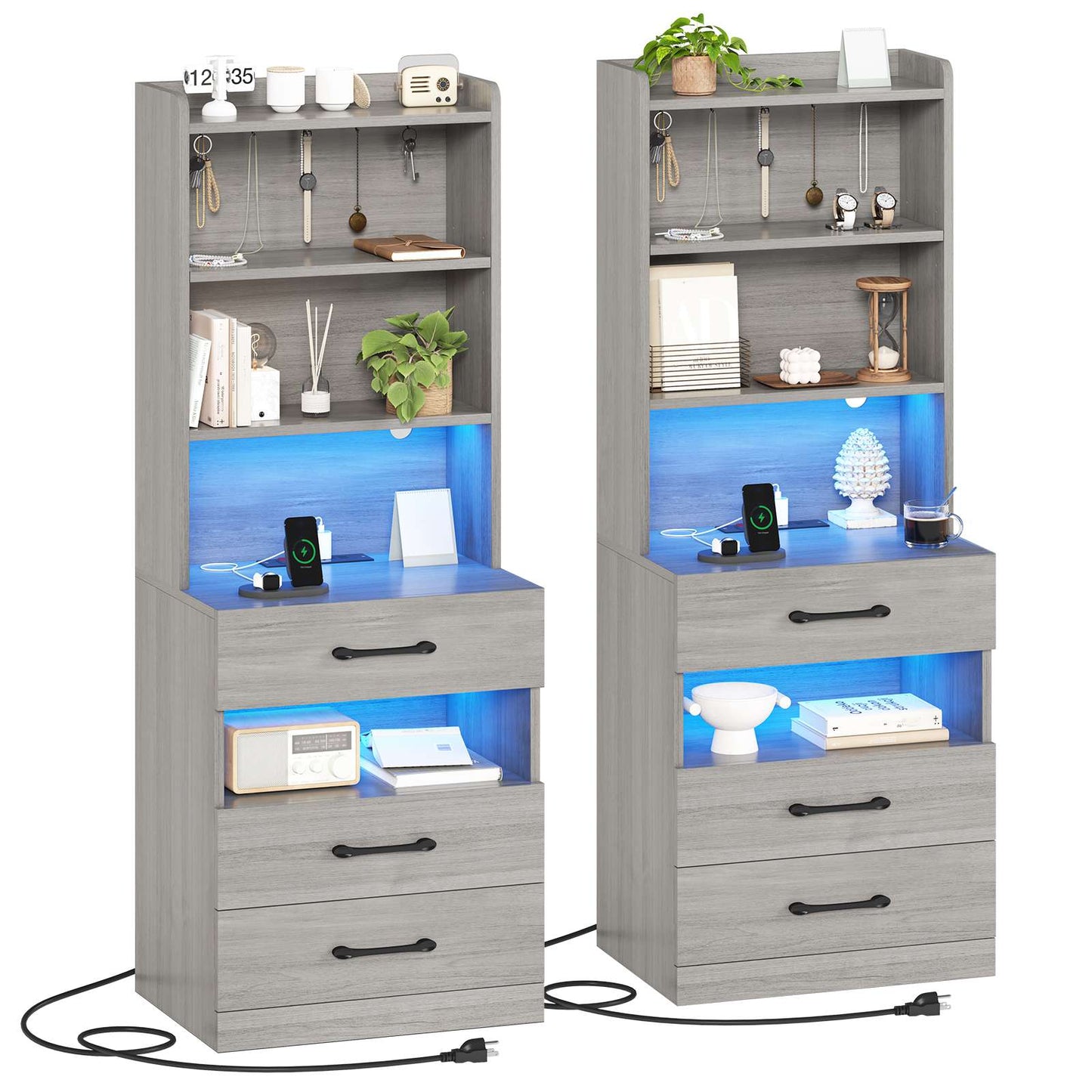 AOGLLATI 51.8 Inch Tall Nightstand with Charging Station and LED Lights Night Stand with 3 Drawers and Storage Shelves