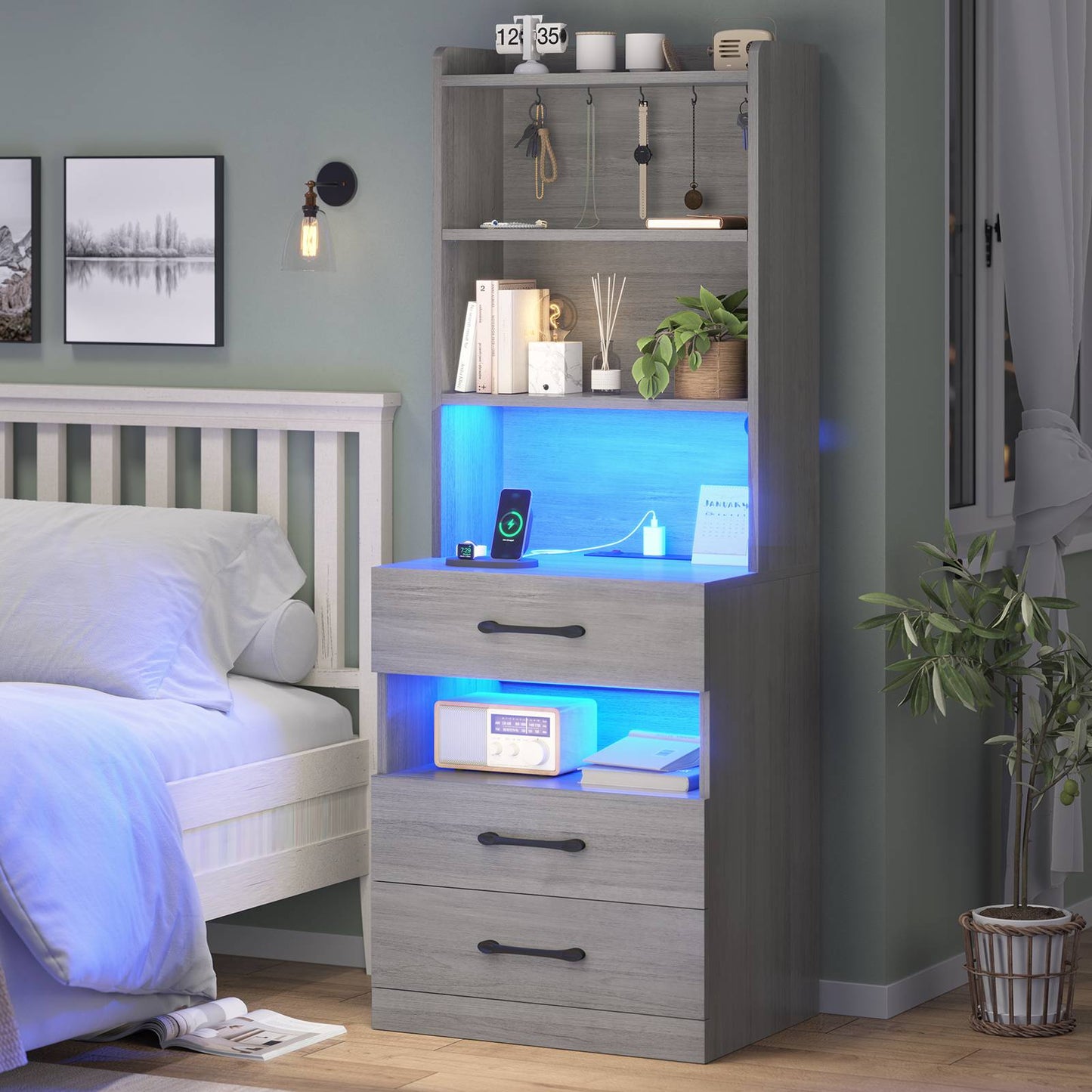 AOGLLATI 51.8 Inch Tall Nightstand with Charging Station and LED Lights Night Stand with 3 Drawers and Storage Shelves