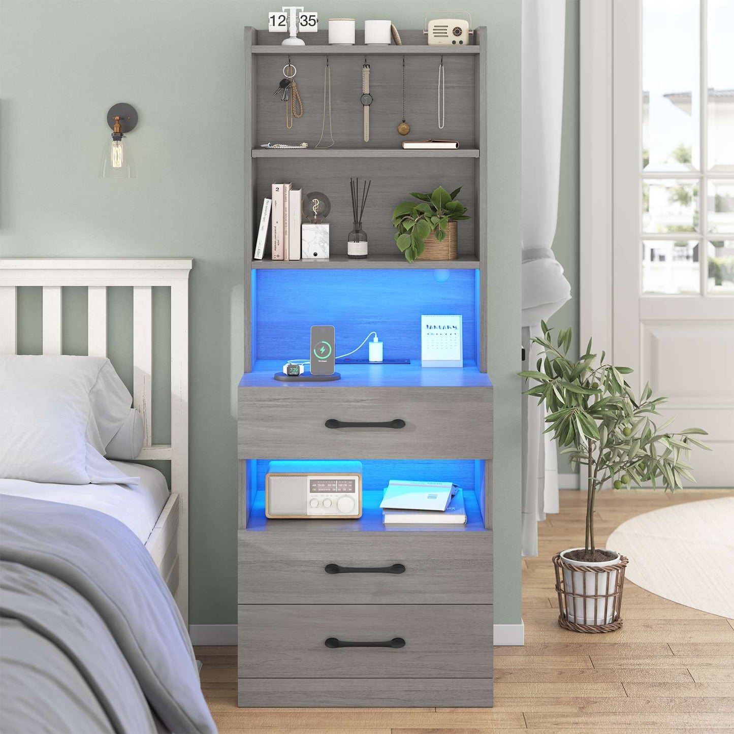 AOGLLATI 51.8 Inch Tall Nightstand with Charging Station and LED Lights Night Stand with 3 Drawers and Storage Shelves