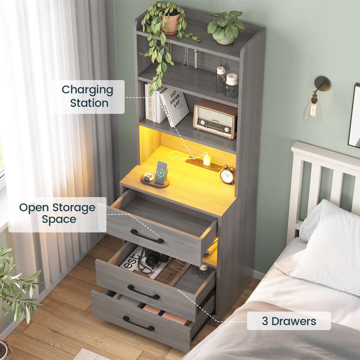 AOGLLATI 51.8 Inch Tall Nightstand with Charging Station and LED Lights Night Stand with 3 Drawers and Storage Shelves