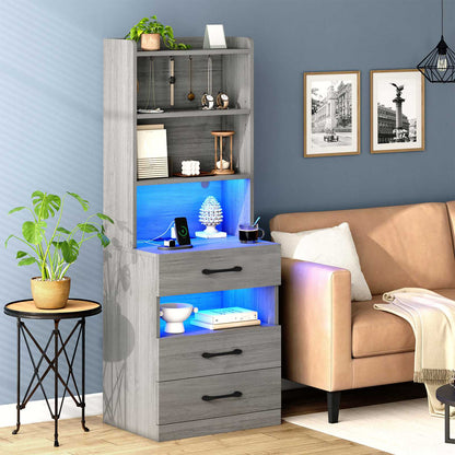 AOGLLATI 51.8 Inch Tall Nightstand with Charging Station and LED Lights Night Stand with 3 Drawers and Storage Shelves